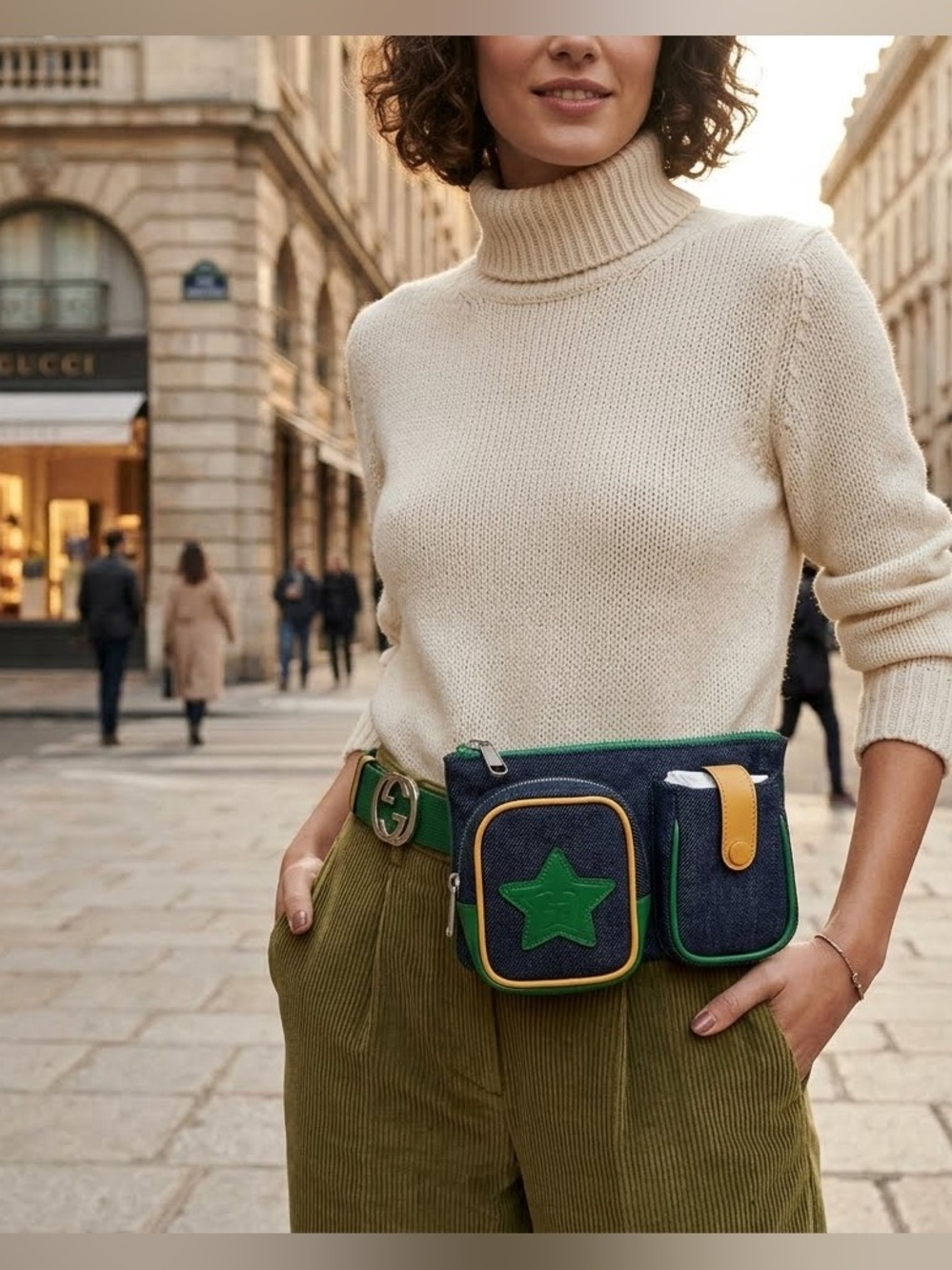 Gucci NWT Denim Belt Bag/Fanny pack with Green Star and Dust Bag
